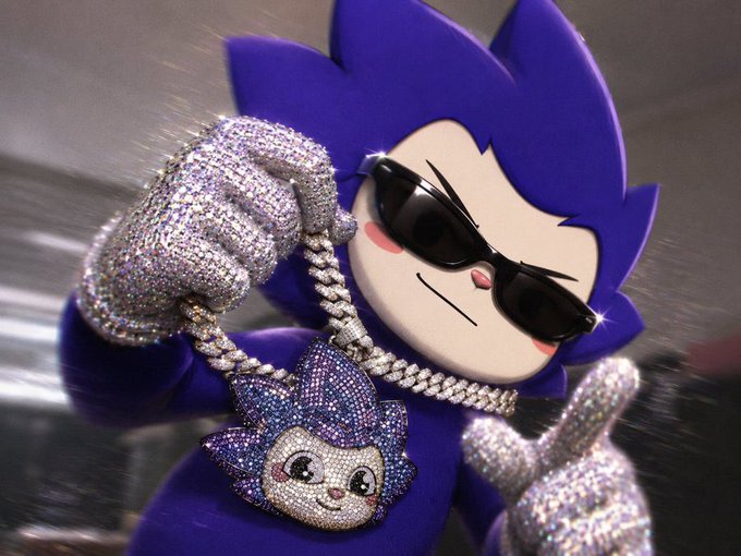 Stylized cartoon Sonic the Hedgehog character wearing black sunglasses, a large diamond-encrusted chain with a pendant, and rhinestone-studded gloves, posing with a raised fist.