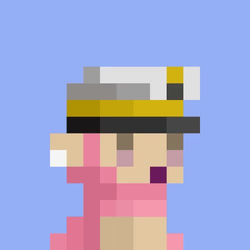 A pixel art character with a white and gold hat, pink outfit, and brown hair is shown against a blue background, likely representing one of the mini characters featured in the "Summer of Minis" collection by @BasedMinis.