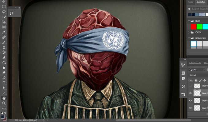 Digital artwork displayed in Photoshop showing a surreal figure with an exposed brain for a head, wearing a UN blue bandana, a dress shirt, tie, and an apron against a vintage TV-shaped background.