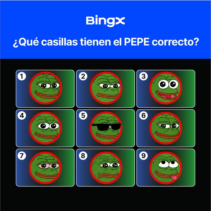 A BingX CAPTCHA-style challenge titled '¿Qué casillas tienen el PEPE correcto?' displays a 3x3 grid of nine Pepe the Frog meme faces with various expressions.