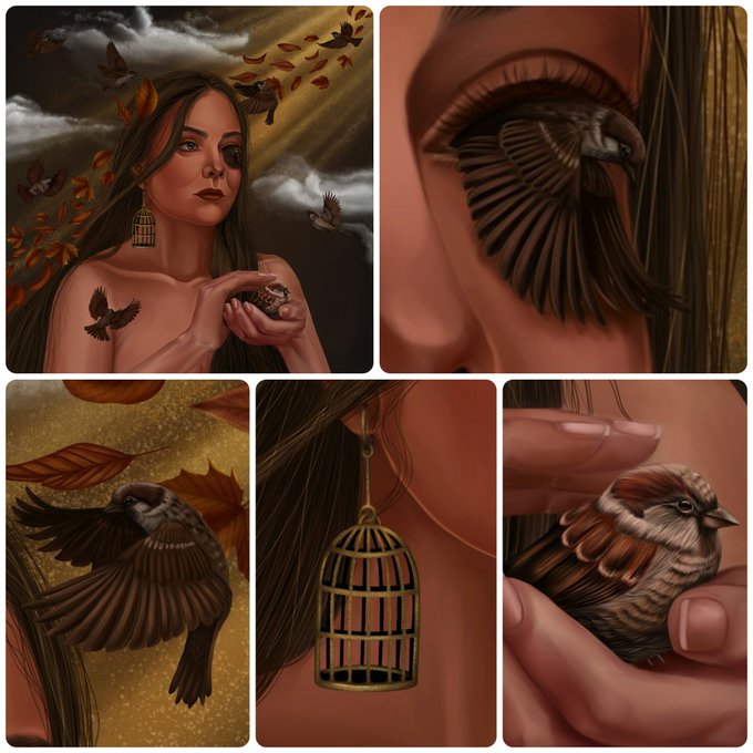 A multi-panel collage of digital illustrations featuring a woman with autumn leaves in her hair, sparrows, and a birdcage earring in warm brown tones.