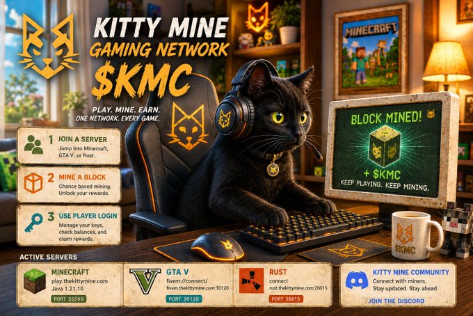 A promotional banner for 'Kitty Mine Gaming Network $KMC' featuring a black cat with headphones gaming on a computer, with steps to join servers, mine blocks, and use player login across Minecraft, GTA V, and Rust games.