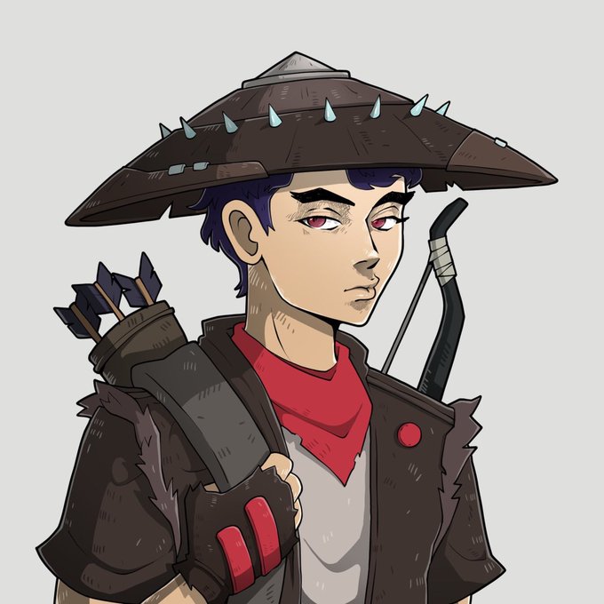 A stylized digital illustration depicts a young male warrior character with red eyes, dark hair, and a spiked, wide-brimmed hat reminiscent of a ronin or feudal Japanese aesthetic. He wears a dark outfit with a red bandana, fingerless gloves, and carries a quiver of arrows on his back along with a bow, fitting the artistic NFT promotion being shared on Twitter.