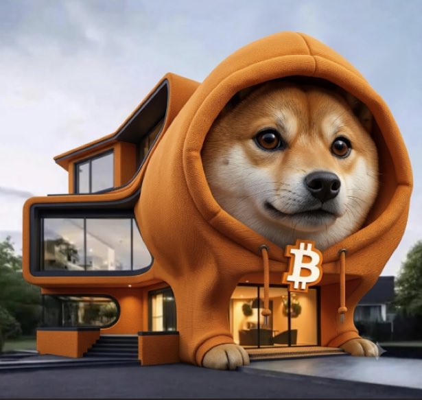 A whimsical 3D-rendered image of a Shiba Inu dog wearing an orange hoodie, integrated into the architecture of a modern orange house, with a Bitcoin (₿) logo on the dog's chest.