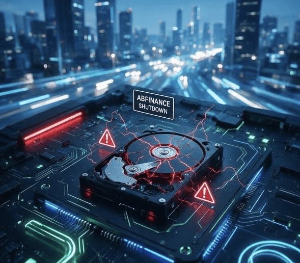 A digital illustration of a hard drive on a circuit board with red warning triangles and a label reading 'ABFINANCE SHUTDOWN', set against a cityscape.
