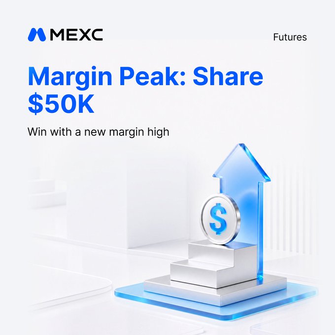 A MEXC Futures promotional graphic featuring the text "Margin Peak: Share $50K" with a tagline "Win with a new margin high," alongside a 3D illustration of a glowing blue upward arrow, a coin marked with a dollar sign, and a tiered podium—visually symbolizing the $50,000 prize pool and milestone-based rewards for traders who achieve a new margin high.