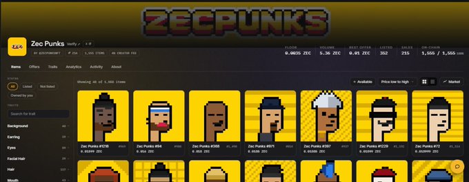 A screenshot of a NFT marketplace page for a collection named 'ZECPUNKS', displaying pixel-art avatar characters with various hairstyles and accessories, along with floor price (0.0035 ZEC) and volume statistics.