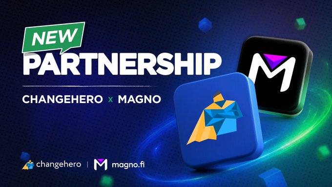 Promotional graphic announcing a 'NEW PARTNERSHIP' between ChangeHero and Magno, featuring their logos (Changehero and magno.fi) against a dark blue background.
