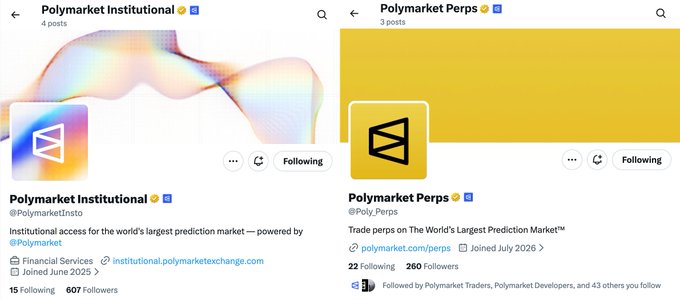 Twitter profile screenshots of 'Polymarket Institutional' (@PolymarketInsto) with 607 followers and 'Polymarket Perps' (@Poly.Perps) with 260 followers, both offering institutional and perpetuals trading on Polymarket.