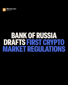 The image is a black graphic from Bitcoin.com News featuring the headline "BANK OF RUSSIA DRAFTS FIRST CRYPTO MARKET REGULATIONS" in white and blue text, which corresponds to the accompanying news about the Bank of Russia publishing draft rules for organized crypto trading with specific equity requirements for digital depositories.