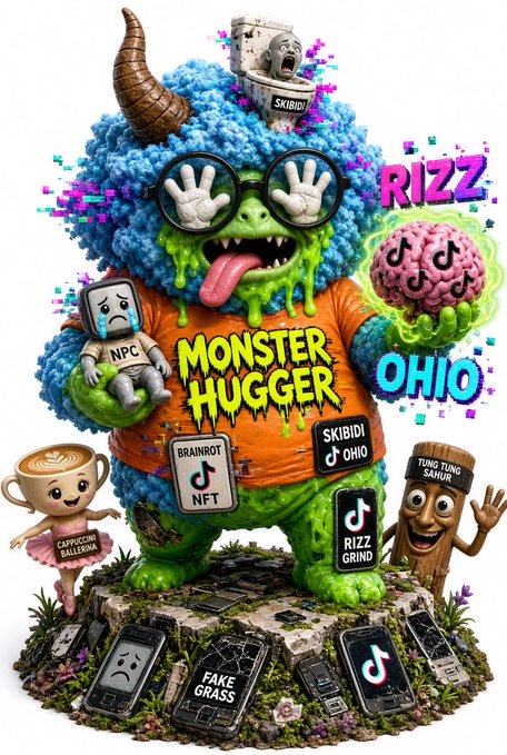 A chaotic digital art piece featuring a blue furry monster wearing an orange 'MONSTER HUGGER' shirt, surrounded by internet meme references like 'RIZZ', 'OHIO', 'SKIBIDI', and 'BRAINROT' alongside various character figures.