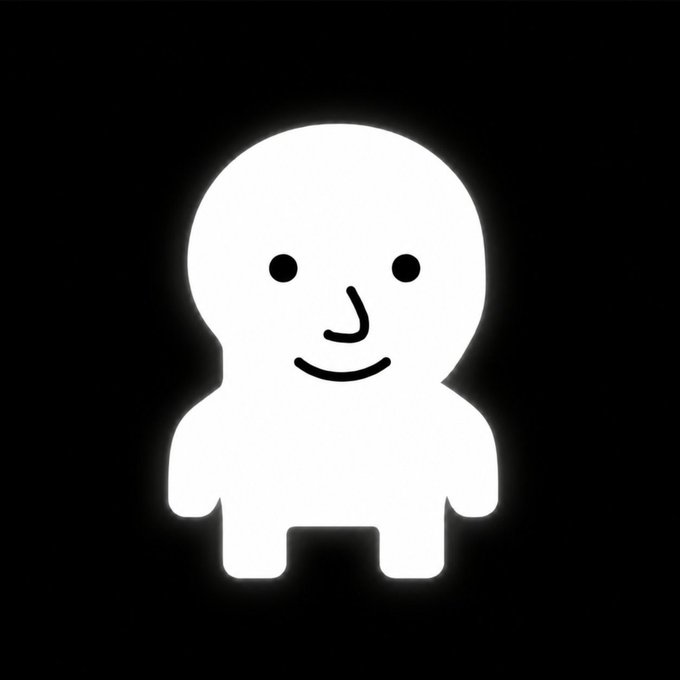 The user wants a concise caption describing the image.
1.  **Analyze the image:** The image shows a simple, white, glowing outline of a humanoid figure (a "manlet" or midget character) against a black background. It has a round head, two dots for eyes, a curved line for a nose, and a curved line for a smile. It looks like a minimalist logo or icon.
2.  **Analyze the context text:** The provided text is "GM $Manlet MM’s, wen giga candles?". This suggests the image is related to "Manlet" (likely a crypto token or meme character) and "MM's" (maybe Manlet Minis or similar).
3.  **Synthesize the description:** The image is a white, glowing, minimalist character icon (resembling a midget or "manlet") on a black background.
4.  **Draft the caption:** A white, glowing outline