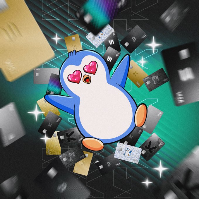 A joyful cartoon penguin character with heart-shaped eyes dances amid a swirl of floating credit cards in gold, black, and silver against a green digital background.