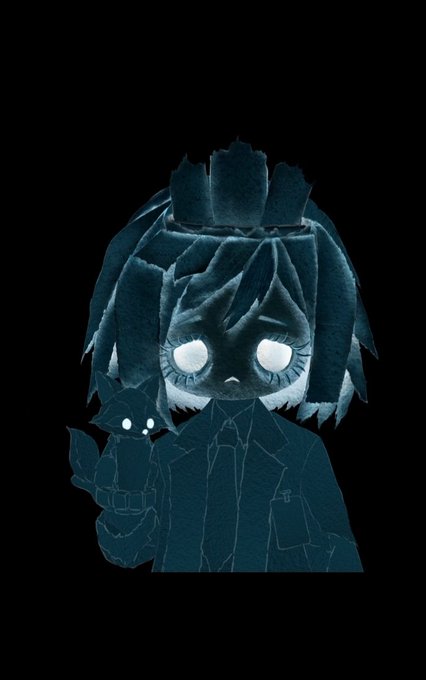 A dark, stylized illustration of an anime-style character with large glowing eyes, wearing a suit and tie, and holding a small plush-like figure with glowing eyes against a black background.