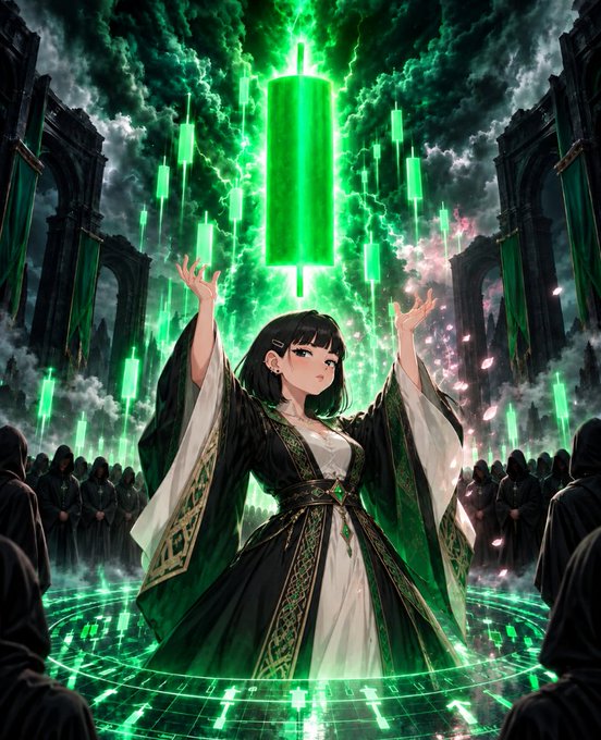 An anime-style illustration showing a girl in a black and white traditional robe with green accents, standing in a magical circle and summoning green glowing candlestick charts in the shape of a larger central candle against a stormy green sky.