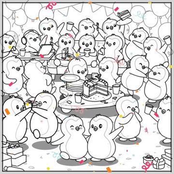 A lively black-and-white illustration shows a joyful group of chubby penguins celebrating together around a tiered birthday cake, with presents and party hats scattered throughout the festive scene. The whimsical artwork aligns with the post's shoutout to artist @manovermars and the playful NFT collection @pudgypenguins.