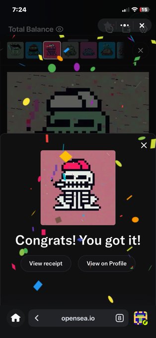 A mobile screenshot from opensea.io showing a 'Congrats! You got it!' pop-up with confetti, revealing a pixel art skeleton NFT on a pink background.