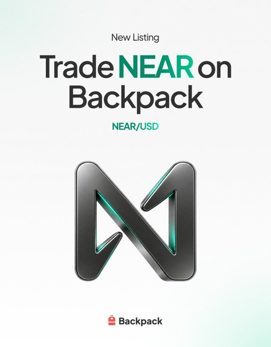 A promotional graphic with a metallic 'N' logo announces a 'New Listing' for 'Trade NEAR on Backpack' featuring the NEAR/USD pair.