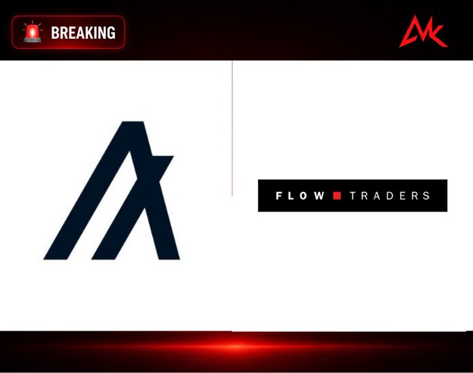 A breaking news graphic featuring a stylized 'A' logo next to a black box reading 'FLOW TRADERS', with a red 'BREAKING' alert and 'MK' watermark.