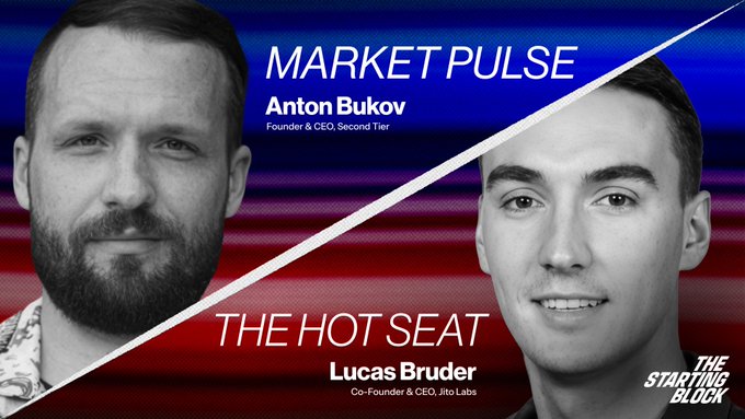 A promotional banner from 'The Starting Block' podcast featuring 'Market Pulse' with Anton Bukov (Founder & CEO, Second Tier) and 'The Hot Seat' with Lucas Bruder (Co-Founder & CEO, Jito Labs).