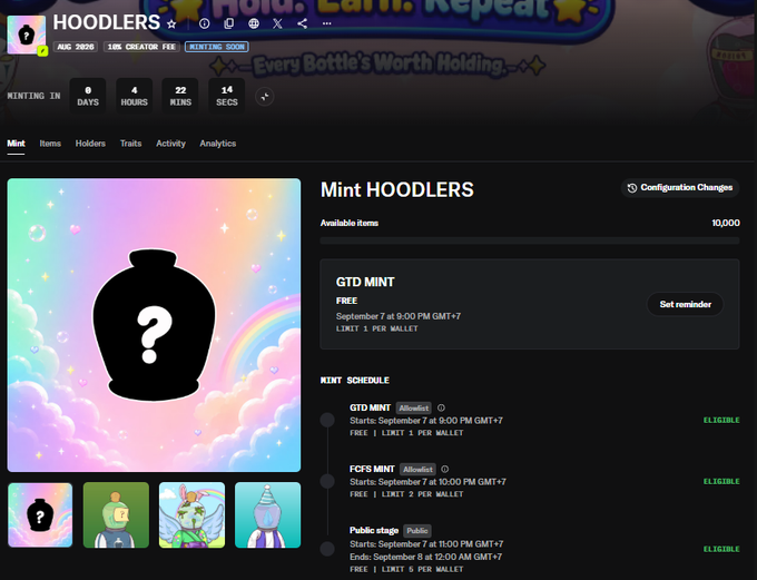 A screenshot of a HOODLERS NFT minting page showing 10,000 available items with GTD Mint, FCS Mint, and Public stage schedules.