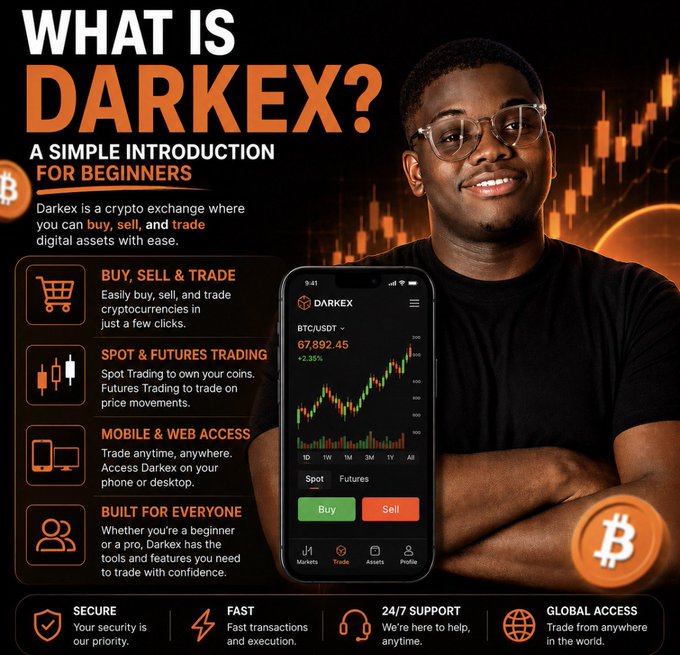 This image is a promotional infographic titled "WHAT IS DARKEX? A SIMPLE INTRODUCTION FOR BEGINNERS," featuring a smiling young man with glasses standing beside a smartphone displaying the Darkex app with a BTC/USDT trading chart at $67,892.45 (+2.35%). It visually supports the post's explanation of crypto exchanges by highlighting Darkex's key features: buy/sell/trade functionality, spot and futures trading, mobile and web access, and 24/7 secure global trading.