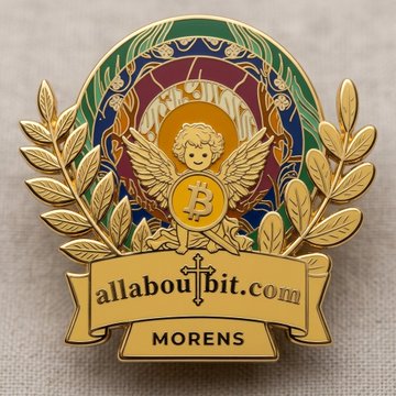 A decorative enamel pin featuring a Bitcoin-themed angel with wings, laurel wreaths, and banners reading 'allaboutbit.com' and 'MORENS'.
