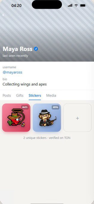 A screenshot of a Telegram profile for 'Maya Ross' (@mayaross) with bio 'Collecting wings and apes', displaying a 'Stickers' tab with two stickers: one showing a crocodile in a car (#653) and another showing a monkey with a gun (#896).