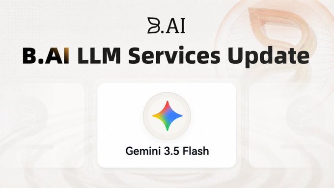 The image features a white background with a large purple diamond logo at the center. Below the diamond logo, there's text that reads "Gemini 3.5 Flash just dropped on @BAI_AGI B.AI web chat Google’s fastest model in the Gemini 3.5 series is now accessible directly through the platform, no API setup needed". The image also includes a link to the post where this information can be found.