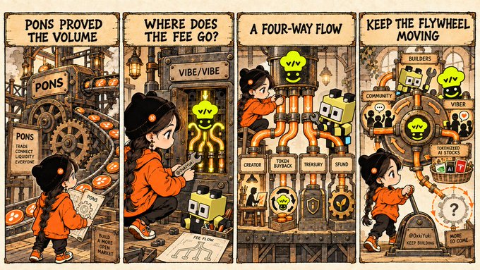 A four-panel comic-style illustration with sepia tones depicting a girl and a robot explaining the 'Vibe/VIBE' token system, with panels titled 'PONS PROVED THE VOLUME,' 'WHERE DOES THE FEE GO?,' 'A FOUR-WAY FLOW,' and 'KEEP THE FLYWHEEL MOVING.'
