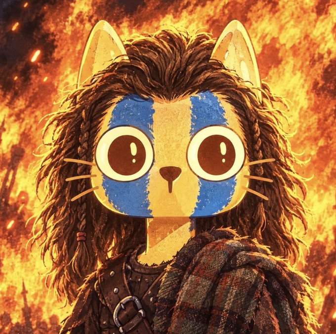 Digital artwork of a stylized cat-like creature with wild brown hair, a blue and tan face with large eyes, set against a fiery orange background.