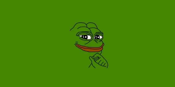 A simple green background featuring a black line drawing of the 'Pepe the Frog' meme character with a smug expression.