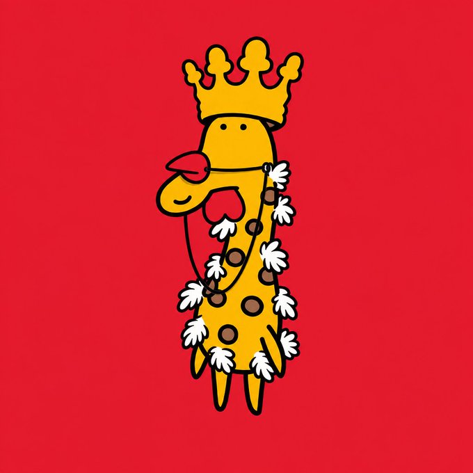 A cartoon illustration of a yellow, banana-like creature wearing a golden crown and a heart necklace, holding a garland of white flowers against a red background.