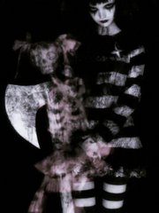 A dark, stylized illustration depicts a haunting doll-like figure in a black and white striped outfit holding an axe.