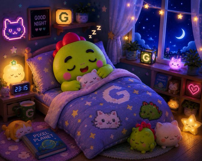 The image features a cartoon character, likely a green frog or turtle, sleeping peacefully in bed with a pillow and blanket. The character has a name tag that reads "G". Surrounding the sleeping character are various objects such as books, potted plants, and other stuffed animals. There is also a clock on the wall above the sleeping character's head.

The image seems to be related to the post about Sleepagotchi, which is an online game where players create and manage their own virtual pets or characters. The cartoon character in the image could represent one of these virtual pets, and it might have been created by a player who wanted to name their pet "G". The presence of the sleeping character suggests that the player has been spending time with this virtual pet while they were asleep.

The post also mentions that most consumer crypto products try to attach rewards to actions people already do online. This could be interpreted as the game's reward system, where players earn points or tokens for various in-game activities and can later exchange these points for real-life items or services. The image might be a reference to this aspect of the game, highlighting how it encourages players to engage with their virtual pets while also connecting them to the real world through the use of crypto rewards.