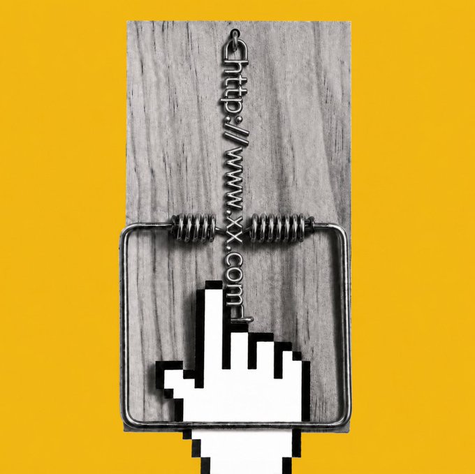 The image shows a pixelated hand cursor reaching toward a metallic mousetrap loaded with a spring, set against a wooden plank on a bright yellow background. The URL "http://www.xx.com-1" is etched into the wood, visually warning users that suspicious links are clickbait traps ready to spring on their funds.