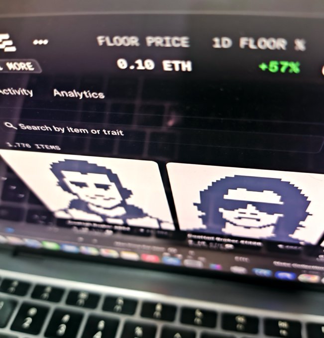 A laptop screen displays an NFT marketplace showing pixel art CryptoPunks, with text indicating "FLOOR PRICE 0.10 ETH" and "1D FLOOR % +57%".