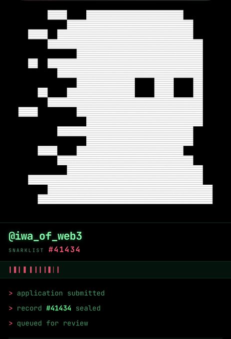 A pixelated black-and-white ghostly figure with a glitching/disintegrating left side appears above text reading '@iwa_of_web3 SNARKLIST #41434' with status lines: 'application submitted', 'record #41434 sealed', 'queued for review'.