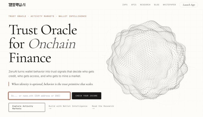 A website screenshot for ZERUAI titled 'Trust Oracle for Onchain Finance' with the tagline 'ZeruAI turns wallet behavior into trust signals that decide who gets credit, who gets access, and who gets to mine a market,' featuring a 3D wireframe sphere graphic.