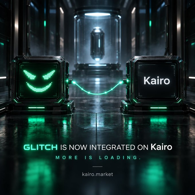 A futuristic sci-fi scene shows two glowing green cubes connected by a neon cable in a dark high-tech chamber, with one cube displaying a menacing pixelated smiley face and the other labeled "Kairo." The caption reads "GLITCH IS NOW INTEGRATED ON Kairo — MORE IS LOADING." with "kairo.market" below, visually announcing the integration of the $GLITCH token onto the Kairo market platform as teased in the accompanying post.
