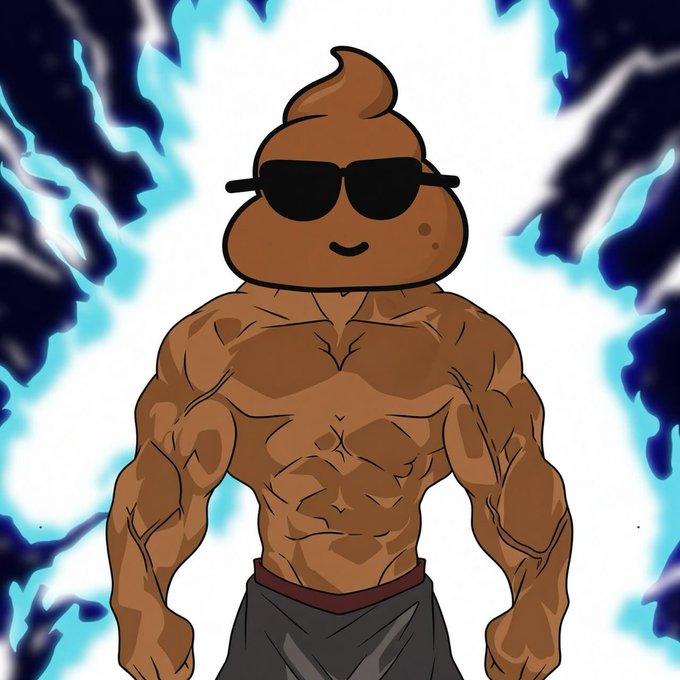 A cartoon illustration of a muscular poop emoji wearing sunglasses and shorts, posing with glowing blue lightning in the background.
