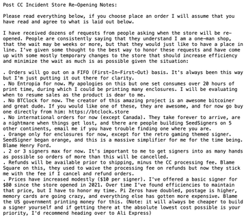 A post from "CC Incident Store" detailing reopening notes including FIFO (first-in, first-out) fulfillment, a waitlist system, limited color options (orange), reduced inventory, and a 2-3 signer maximum per order, with the accompanying caption confirming the store's reopening and FIFO fulfillment policies.