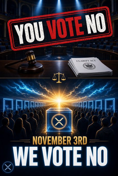 A political graphic with text reading "YOU VOTE NO" above an image of a courtroom with a gavel and a "CLARITY ACT" document, and "WE VOTE NO" above an image of a crowd voting, both surrounding a central scales of justice icon and dated November 3rd.