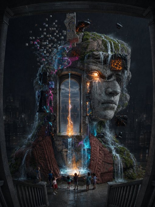 A massive stone face of a figure with one glowing orange eye watches over a fantastical scene featuring waterfalls, a glowing portal, and small human figures below.