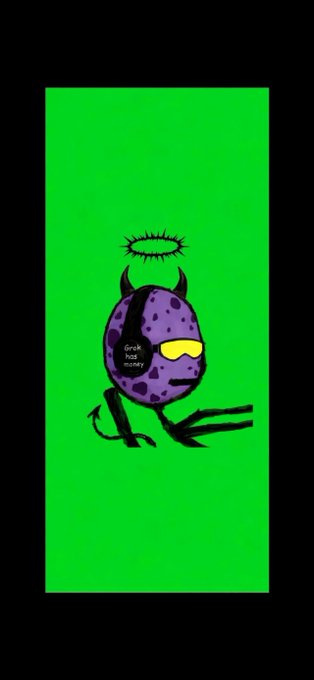 A cartoonish purple devil-like creature with horns, a halo, and spider legs on a bright green background, with a yellow eye and text reading 'Grok has money'.