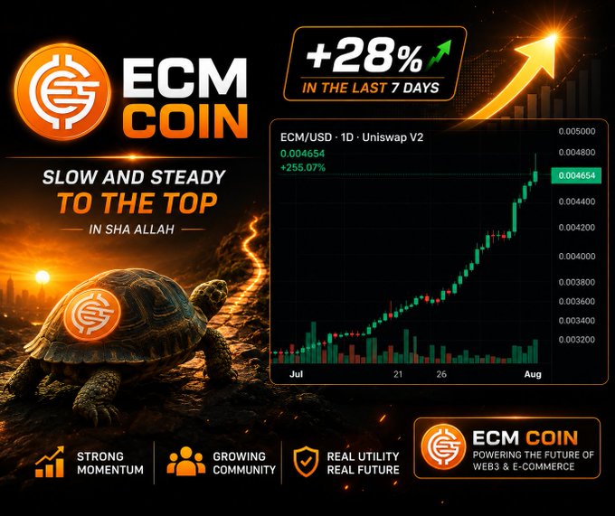 A promotional graphic for 'ECM COIN' displaying the text 'SLOW AND STEADY TO THE TOP IN SHA ALLAH,' featuring a tortoise with a coin on its shell, a +28% growth indicator, and a candlestick price chart showing 'ECM/USD - 1D - Uniswap V2'.