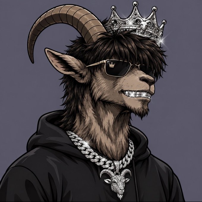 An illustration of a goat character wearing a crown, sunglasses, and a diamond-encrusted necklace with a goat pendant.