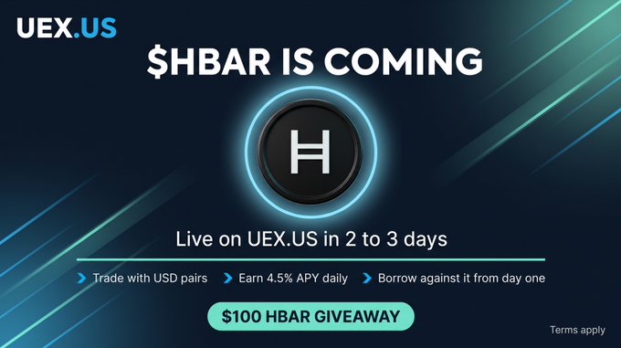 UEX.US promotional graphic announcing '$HBAR IS COMING' live in 2 to 3 days, featuring the Hedera 'H' logo and offering a $100 HBAR giveaway.