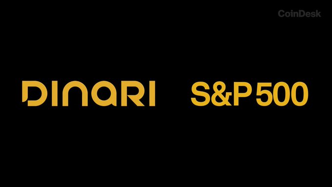 The image displays the "DINARI" logo alongside "S&P 500" in bold yellow text on a black background, with a "CoinDesk" watermark in the top right corner, visually promoting Dinari's new offering of tokenized versions of all S&P 500 stocks for American investors.