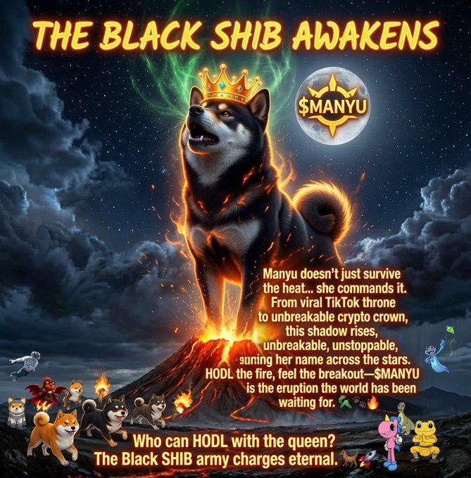A dramatic digital artwork titled 'THE BLACK SHIB AWAKENS' features a crowned black Shiba Inu surrounded by fire and a $MANYU logo, with text promoting $MANYU as an unstoppable crypto throne and rallying the Black SHIB army.